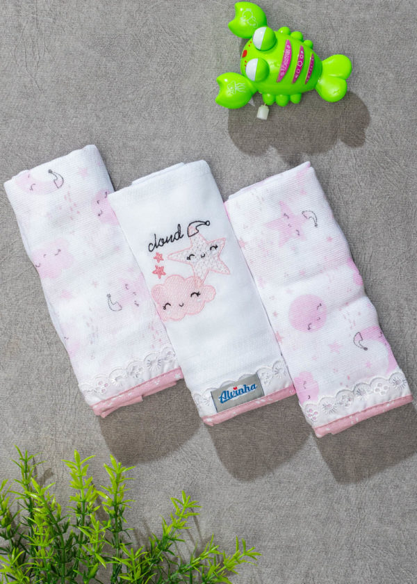 Kit 3 Fraldas Bebê Algodão Bainha Rosa Nuvem